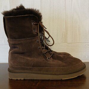 AU&MU Size 7 Shearling Leather Sheepskin Lace Up Mid Calf Flat Fur Winter Boots
